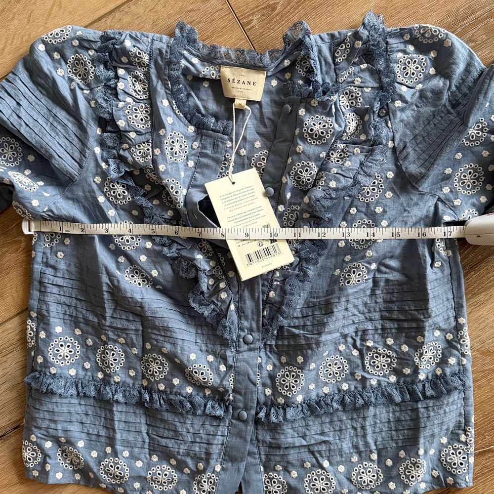 Sezane Nele embroidered vintage ruffle blue cropped shirt. NWT!! - Picture 16 of 16